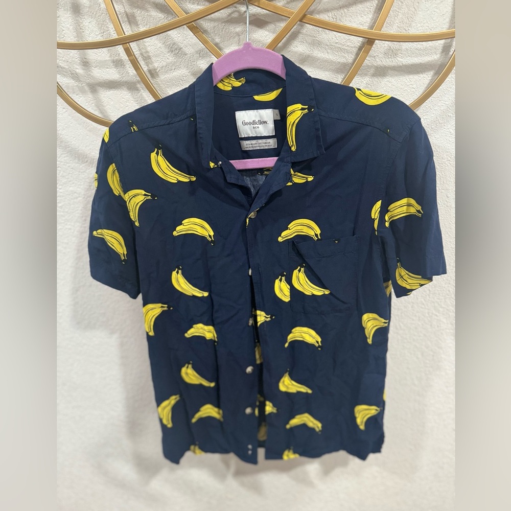 Goodfellow Shirt Mens S Yellow Banana Print Black Button Up Short Sleeve Collar